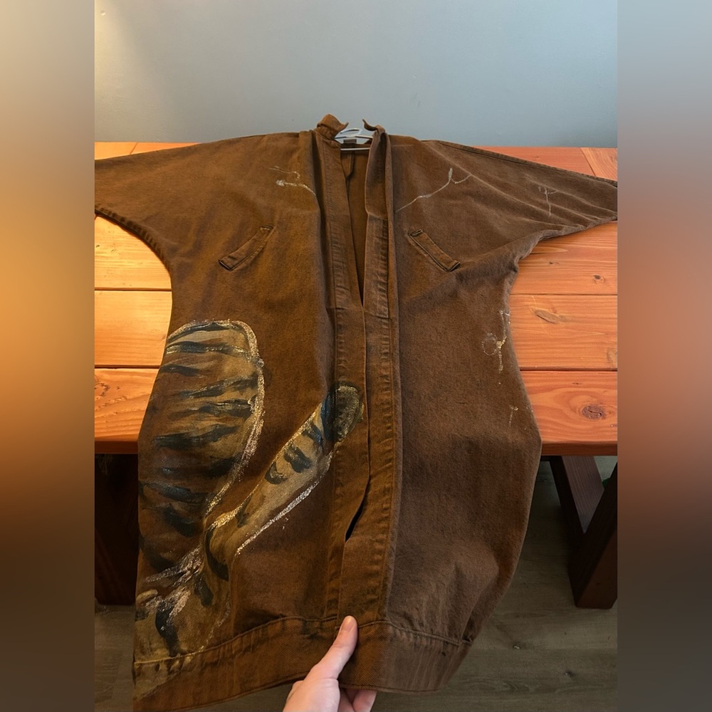 Sundance Brown Denim Duster Jacket with Tiger Paint Rework